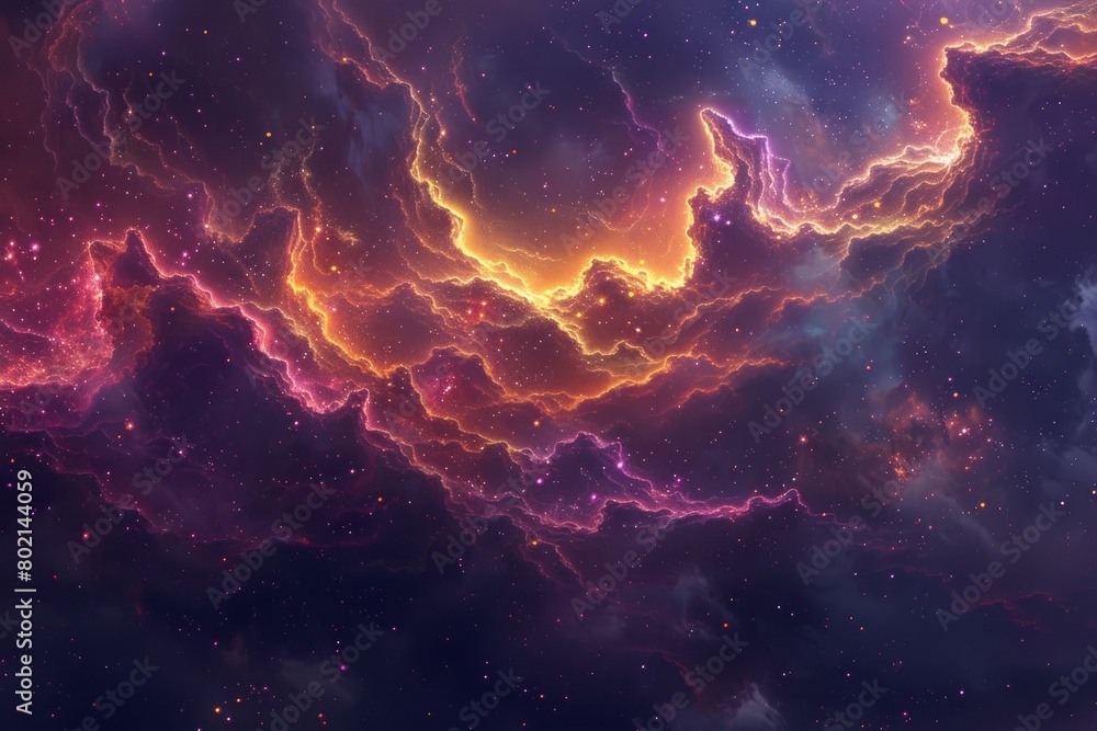Vibrant nebula clouds swirl among colorful stars in a mesmerizing cosmic scene