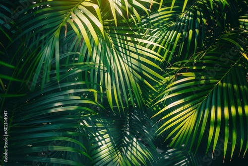 Sunlight filters through lush palm leaves, casting intricate patterns of light and shadow