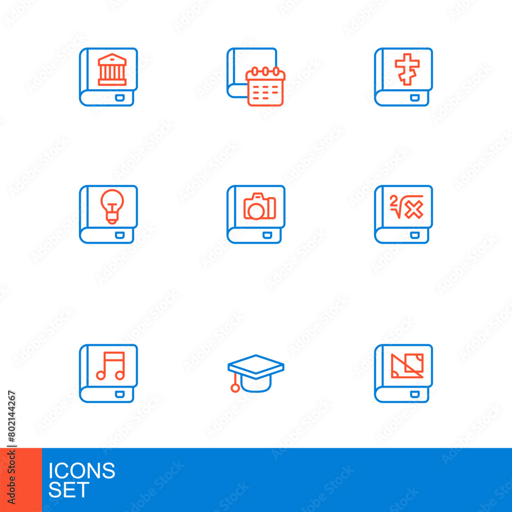 Set line Book about geometry, Graduation cap, Audio book, with mathematics, User manual, Photo album gallery, Holy bible and Daily paper notepad icon. Vector Set line Book about geometry, Graduation cap, Audio book, with mathematics, User manual, Photo album gallery, Holy bible and Daily paper notepad icon. Vector