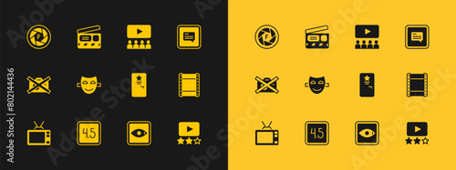 Set Video with subtitles, Rating movie, Backstage, Comedy theatrical mask, Cinema auditorium screen, Camera shutter and Movie clapper icon. Vector