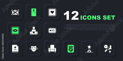 Set Movie trophy, Thriller movie, Actor star, CD disk award in frame, Rating, Drama theatrical mask, Backstage and Cinema chair icon. Vector