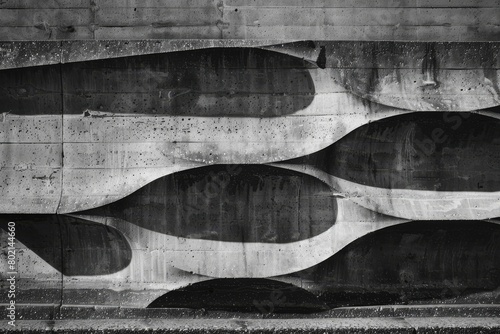 A monochrome photograph displaying an urban design pattern of waves on a concrete wall, offering a striking visual arts display with symmetrical and artistic appeal