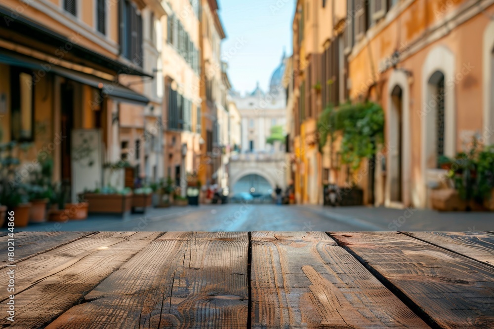 Fototapeta premium An empty wooden tabletop with a blurred background of a Rome street, creating an exuberant image