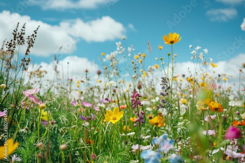 A low-angle view of a vibrant field filled with colorful flowers set against a clear blue sky