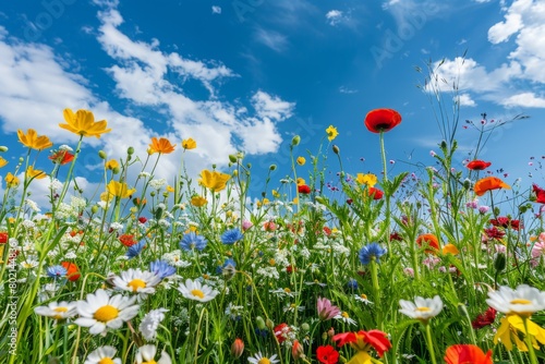 A low-angle view of a field covered in colorful flowers  set against a bright blue sky  capturing the beauty of nature