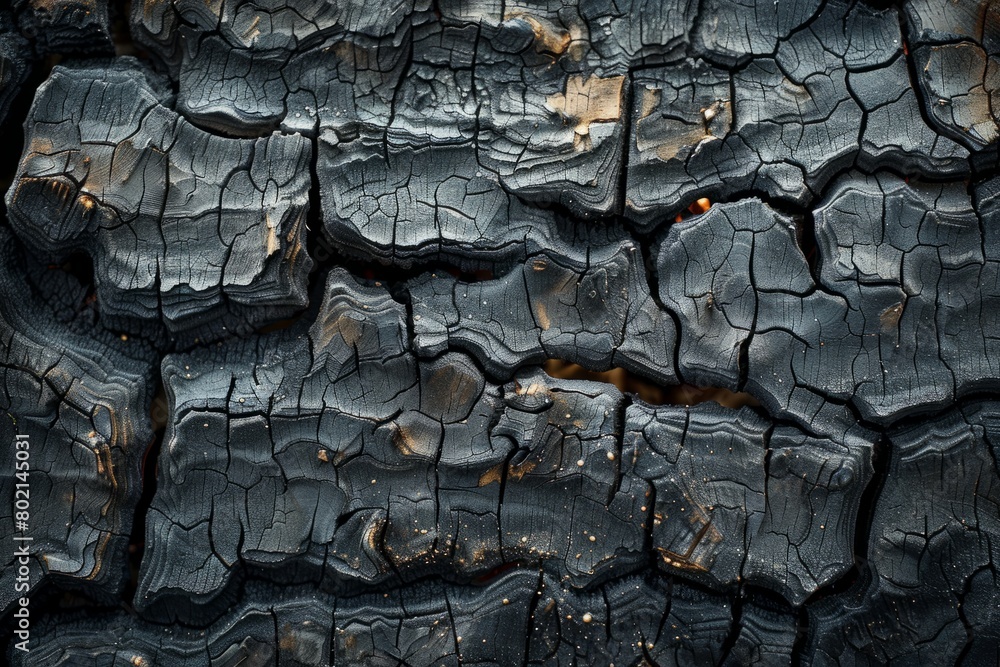 Detailed view of charred black wood texture, showcasing rugged patterns and natural colors