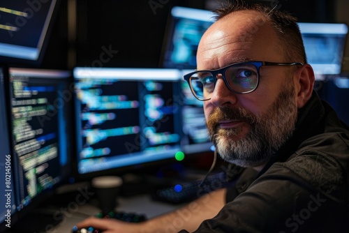 A cybersecurity professional, wearing glasses, analyzes lines of code on multiple computer monitors