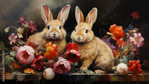 Enchanting Spring Portrait: Rabbits Among Blooming Flowers and Easter Eggs, AI Generated