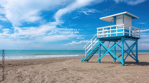 Beautiful landscape of lifeguard tower blue and white color in beach at a sunny day. Generated AI © is