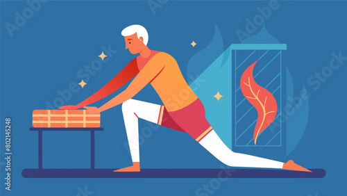 A person stretching their arms and legs in an infrared sauna using the heat to loosen stiff muscles and reduce the risk of post complications..
