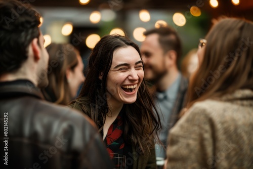 A woman standing beside a group of people, laughing in a candid moment of camaraderie during a corporate event © Ilia Nesolenyi