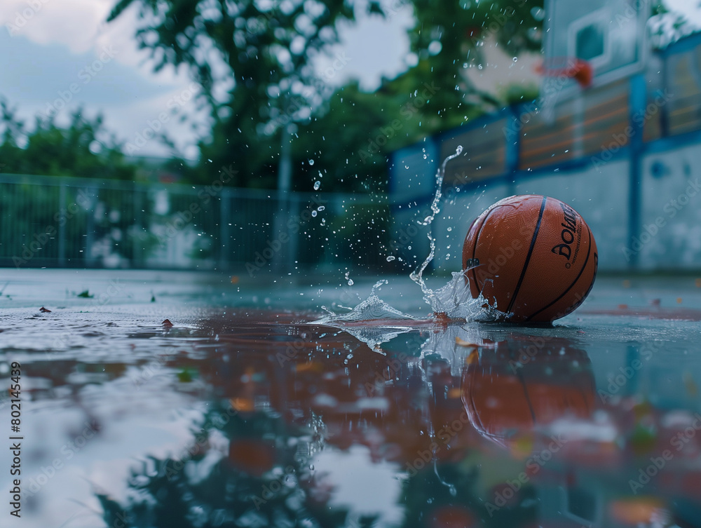 Basketball on the wet playing court with splashing water Basketball on the wet playing court with splashing water