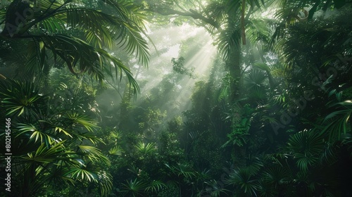 A serene image of a lush  verdant rainforest canopy  showcasing the vibrant and diverse ecosystem on World Rainforest Day.