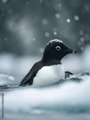 Gentle Penguin in a Serene Snowscape Amid Falling Snowflakes