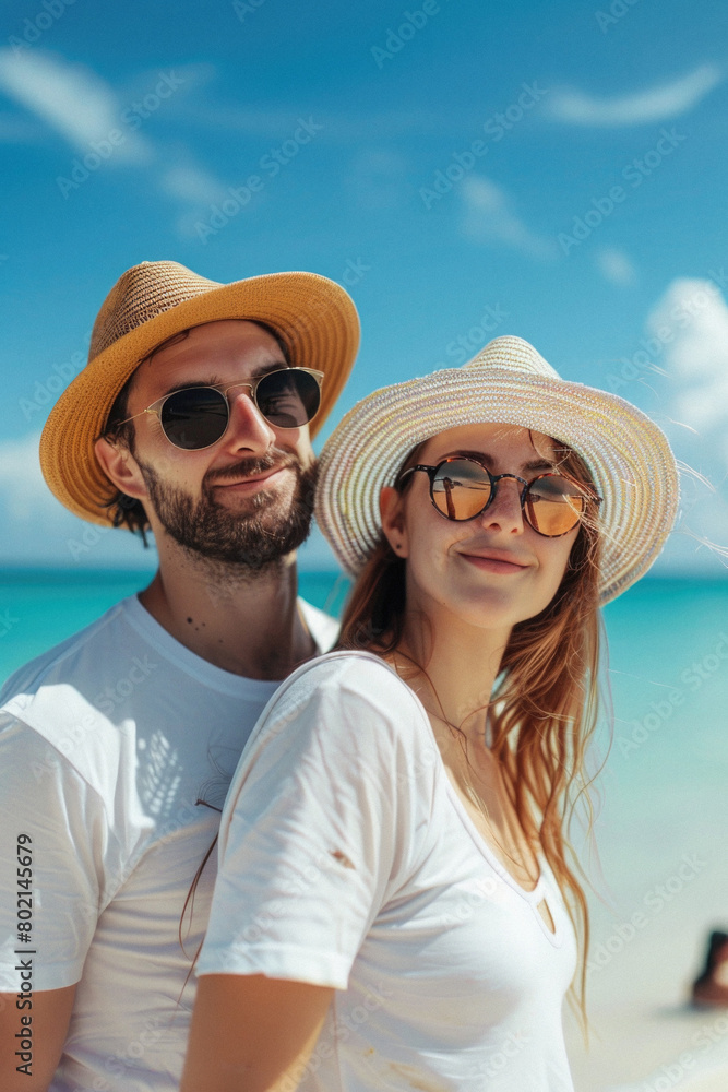 A man and woman are smiling and posing for a picture on a beach