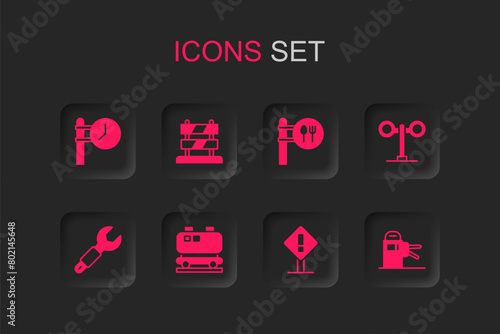Set Oil railway cistern, End of tracks, Train station clock, Exclamation mark square, traffic light, Turnstile, Cafe and restaurant location and Wrench spanner icon. Vector