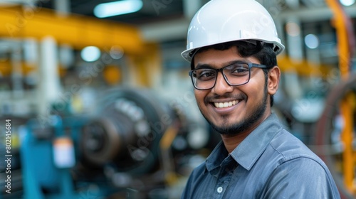 Handsome young Indian engineer smiling happily wearing glasses and white hard hat in office at automobile assembly plant photo