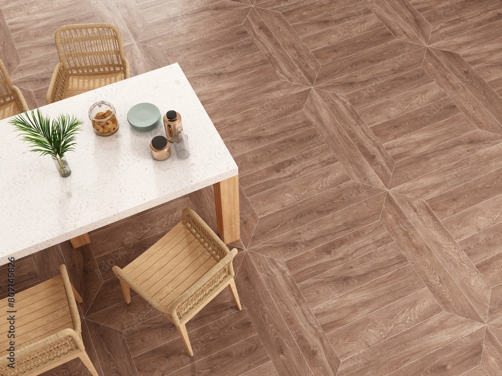 Top view of dinning room interior with wooden floor, white marble dinner tabletop, wooden chairs. 3D Illustrations. 3D Rendering Top view of dinning room interior with wooden floor, white marble dinner tabletop, wooden chairs. 3D Illustrations. 3D Rendering