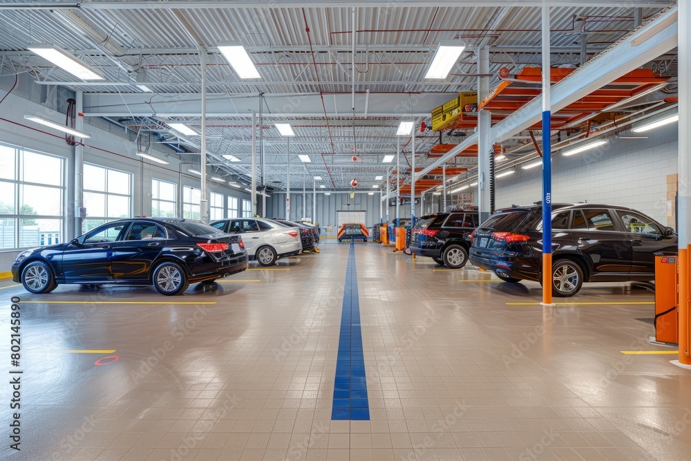 A wide shot of a modern car garage filled with rows of parked vehicles awaiting service, showcasing efficiency and professionalism