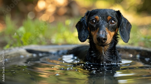 A wet dachshund sits in a basin of water, looking up at the camera with a curious expression. photo