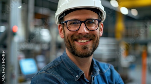 Handsome engineer smiling happily in glasses and white hard hat in office at automobile assembly plant