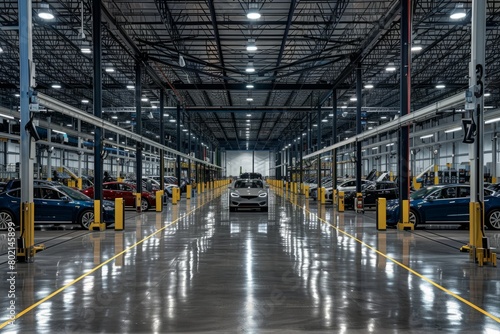 A wide shot of a large warehouse with cars parked inside, showcasing efficiency and professionalism in a modern car repair facility