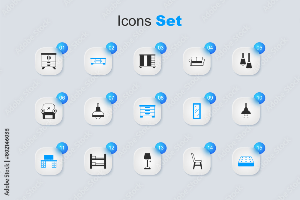 Set Chair, Lamp hanging, TV table stand, Office desk, Mattress, Chest of drawers and icon. Vector Set Chair, Lamp hanging, TV table stand, Office desk, Mattress, Chest of drawers and icon. Vector