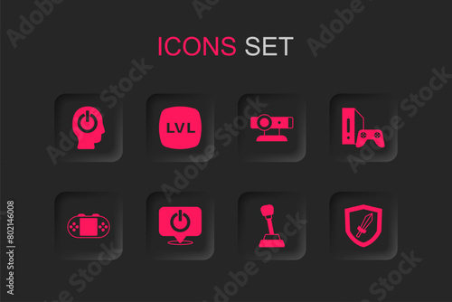 Set Power button, Level game, Gear shifter, Game console with joystick, Sword for, Web camera and Portable video icon. Vector