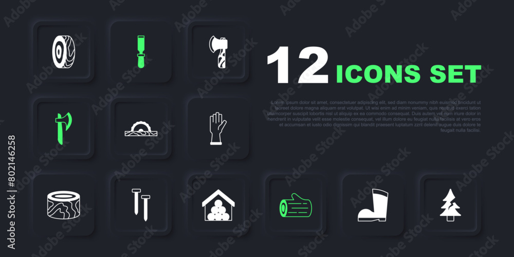 Set Waterproof rubber boot, Tree, Electric circular saw, Wooden log, axe, Metallic nails, Chisel tool and logs icon. Vector Set Waterproof rubber boot, Tree, Electric circular saw, Wooden log, axe, Metallic nails, Chisel tool and logs icon. Vector