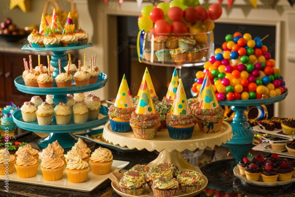 A table adorned with an assortment of cupcakes, cakes, and party hats, creating a lively and celebratory atmosphere