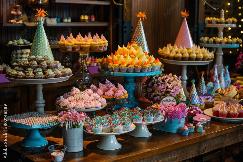 A party table overflowing with cupcakes, cakes, and festive decorations like party hats