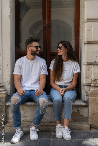 A man and a woman are sitting on a bench, both wearing white t-shirts