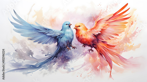 watercolor of mythical birds in pastel and bohemian style on white background.