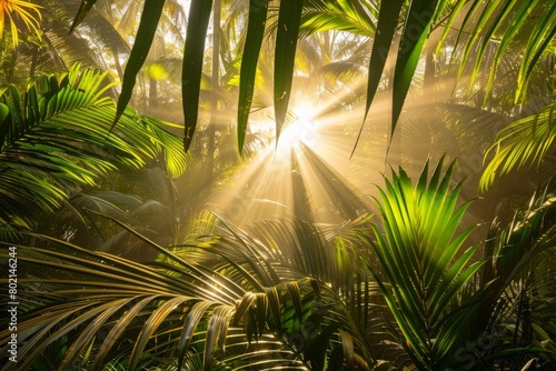 Golden sunlight streams through dense palm fronds in the jungle