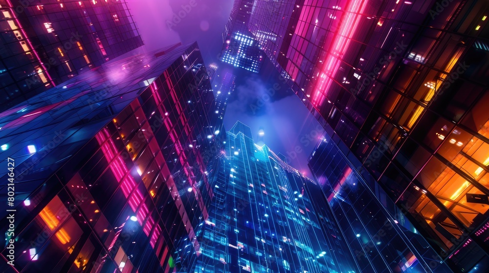 Vibrant neon lights on modern cityscape buildings at night.