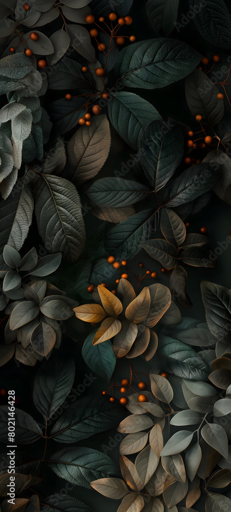 Enigmatic Botanical Artwork with Dark Tones and Lush Foliage