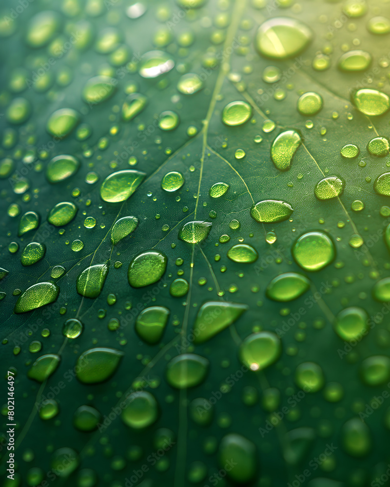 Close-up View of Water Droplets on Vibrant Green Leaf Surface Close-up View of Water Droplets on Vibrant Green Leaf Surface