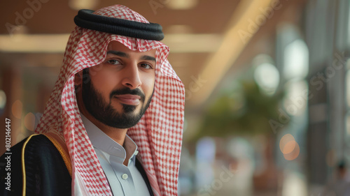 Portrait of smiling Arabic man businessman with beard and traditional hat agal agel photo