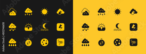 Set Cloud with rain, Compass, Night fog or smoke, Moon, Sunset, and snow icon. Vector