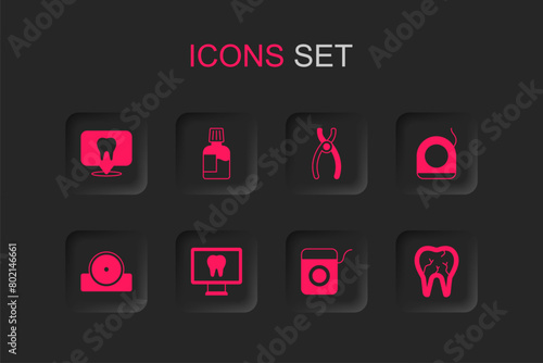 Set Online dental care, Mouthwash, Dental clinic location, floss, Broken tooth, pliers and Otolaryngological head reflector icon. Vector
