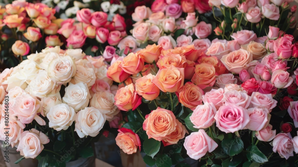 A beautiful display of assorted roses featuring a mix of pink, orange, and white shades. Perfect for romantic, floral, or springtime themes. A beautiful display of assorted roses featuring a mix of pink, orange, and white shades. Perfect for romantic, floral, or springtime themes.