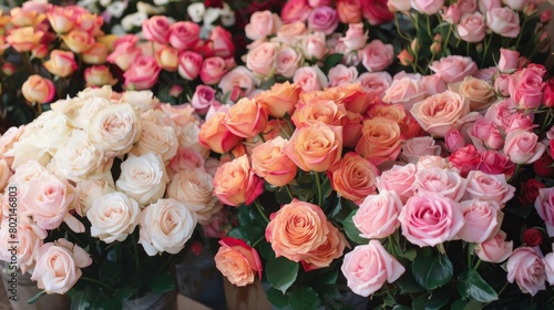A beautiful display of assorted roses featuring a mix of pink  orange  and white shades. Perfect for romantic  floral  or springtime themes.