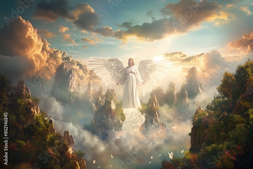 Paradise in Heaven: a unique concept central to religious teachings that depicts Kingdom of Heaven as a realm of eternal life and divine presence, bridging mortal existence and transcendent reality photo
