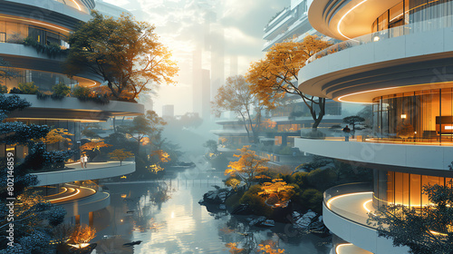 The prompt for this image is   futuristic city with a river running through it  surrounded by trees and greenery 