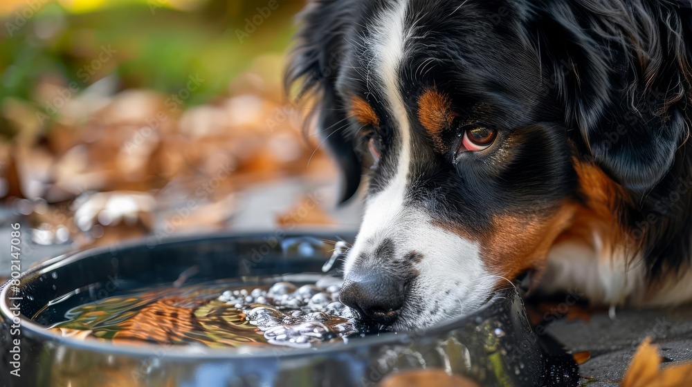 A Bernese Mountain Dog is drinking water from a bowl A Bernese Mountain Dog is drinking water from a bowl