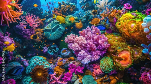 Colorful coral reef close-up showcasing vibrant marine biodiversity.
