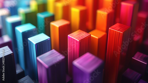 3D rendering of a bunch of randomly sized and positioned cubes with a rainbow gradient on each face