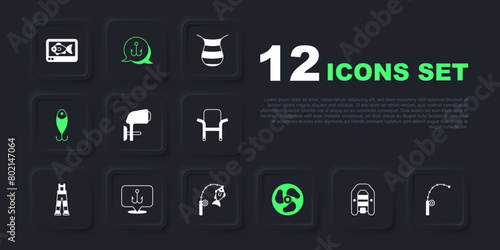 Set Inflatable boat with motor, Fishing rod, Outboard, lure, hook, and and fish icon. Vector