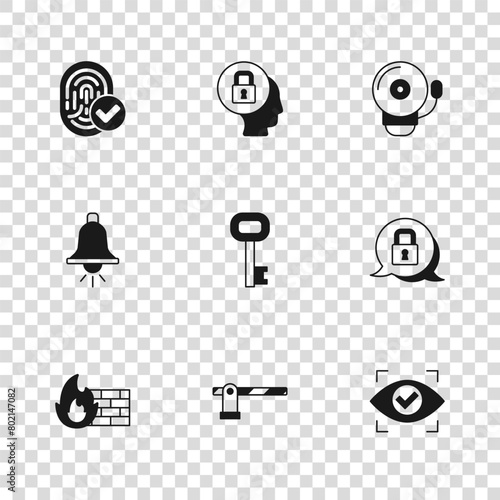 Set Parking car barrier, Lock, Eye scan, Old key, Ringing alarm bell, Fingerprint, and icon. Vector