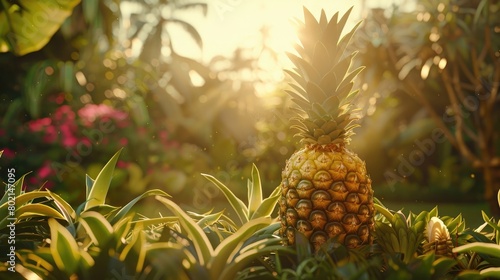 A serene image of a ripe pineapple standing tall in a lush tropical garden, basking in the golden sunlight on International Pineapple Day.